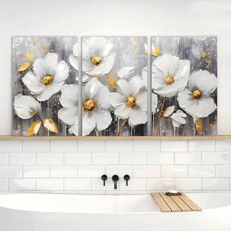 3pcs Painting White Flowers Wall Art Metal Print Ready to Hang Art - Bella Home Decor