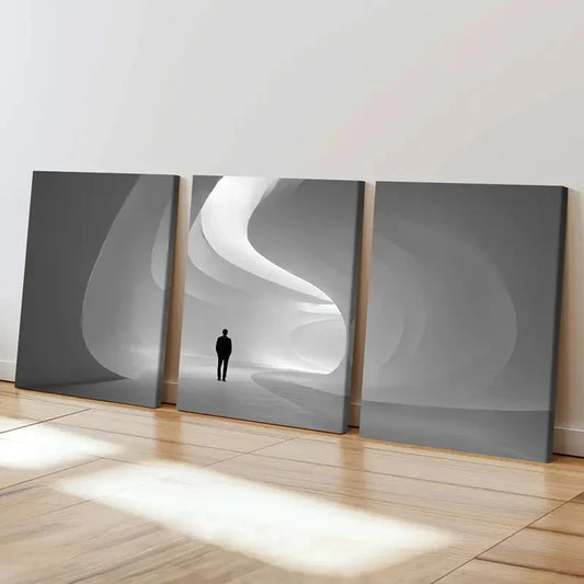3pcs Man In Futuristic Tunnel Minimalist Design Wall Art Set Canvas Framed 60x90cm - High Quality Print 100% Australian Made Wall Canvas Ready to Hang