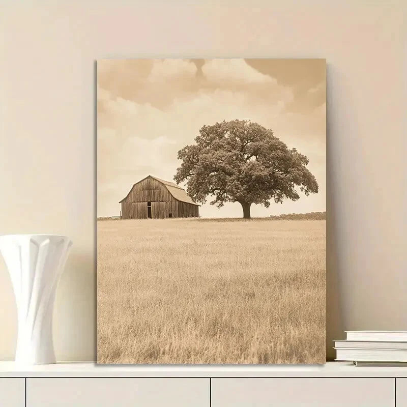 Old Barn And Oak Tree Grainy Sepia Painting 40x60cm Metal Print Ready to Hang