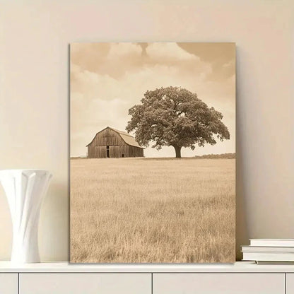 Old Barn And Oak Tree Grainy Sepia Painting 40x60cm Metal Print Ready to Hang
