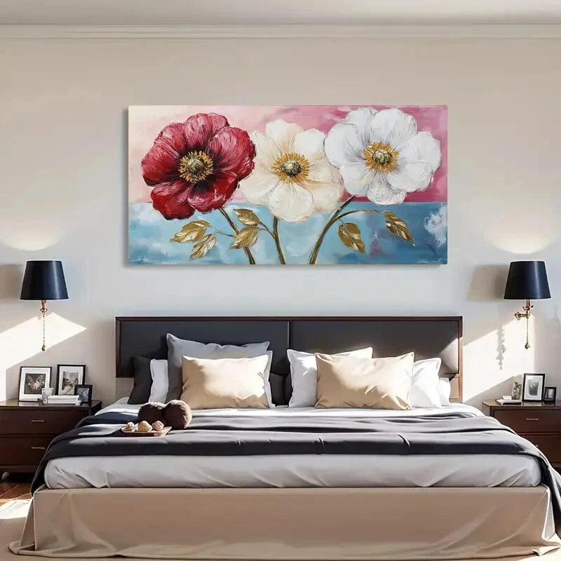 Red Poppies & Green Leaves Wall Art Canvas Office Home Room Framed 120x60cm - Bella Home Decor