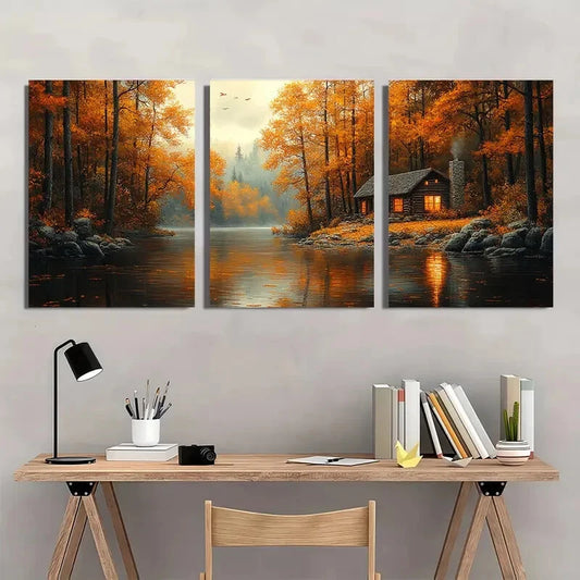 3pcs Cabin In The Woods Lakehouse Decor Wall Art Set Canvas Framed 40x60cm - High Quality Print 100% Australian Made Wall Canvas Ready to Hang