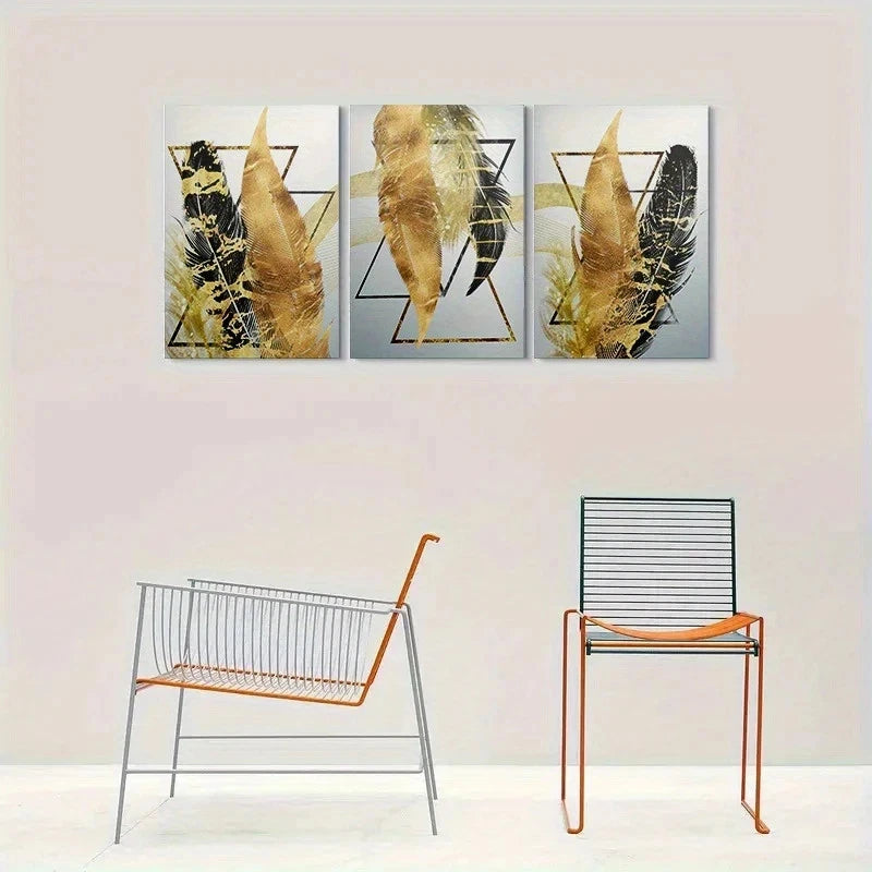 3pcs Abstract Golden Black Feather Metal Print Ready to Hang Art - Bella Home Decor