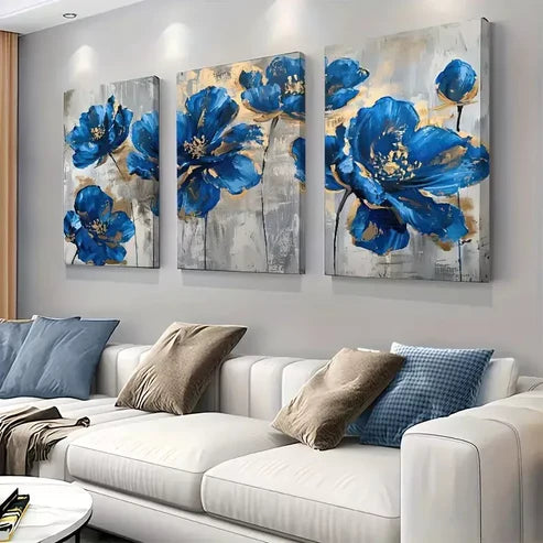 3pcs Blue Flowers With Freckles Of Gold Wall Art Set Canvas Unframed - High Quality Print 100% Australian Made Wall Canvas