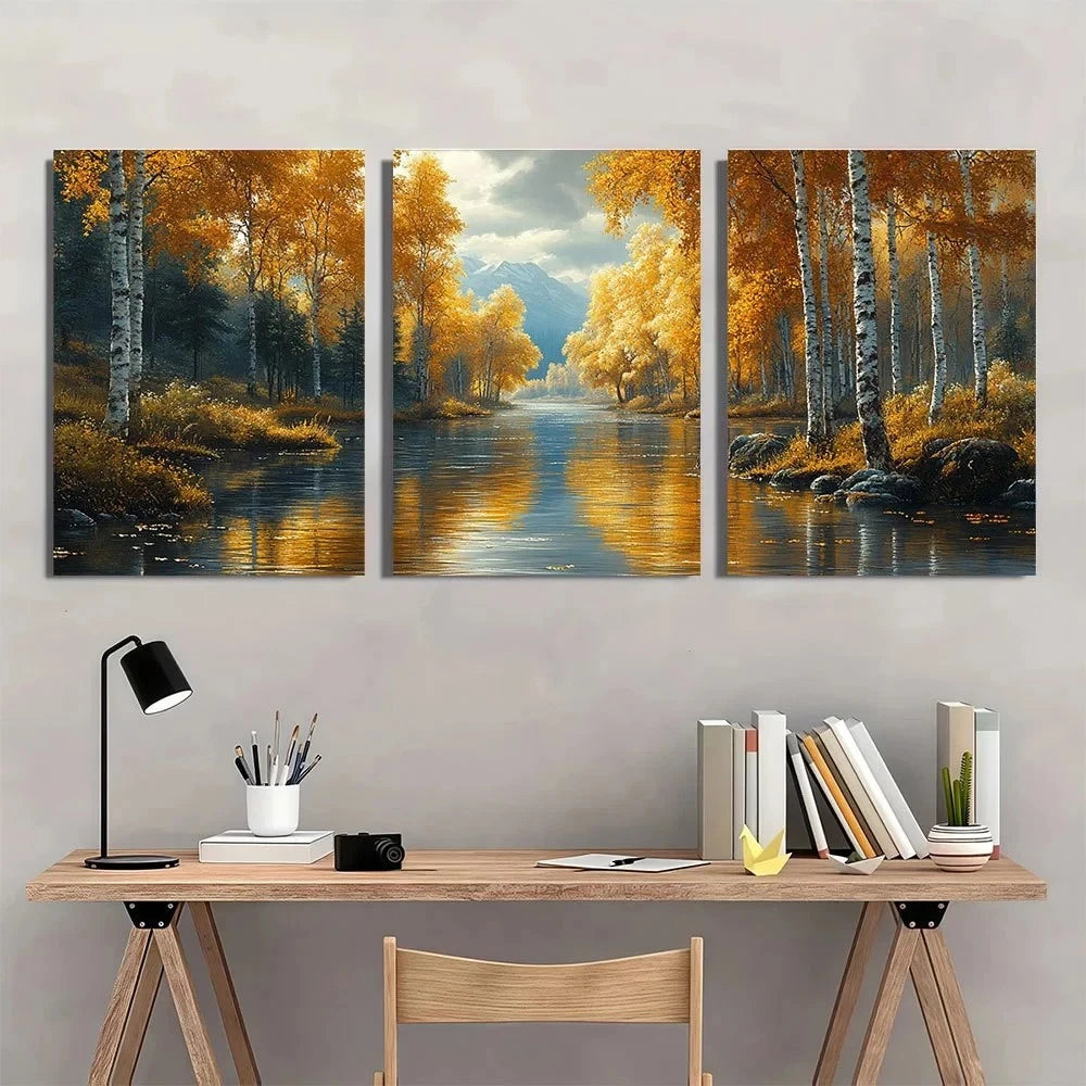 3pcs Forest River Birch Trees Metal Print Ready to Hang Art - Bella Home Decor