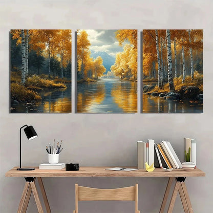 3pcs Forest River Birch Trees Metal Print Ready to Hang Art - Bella Home Decor