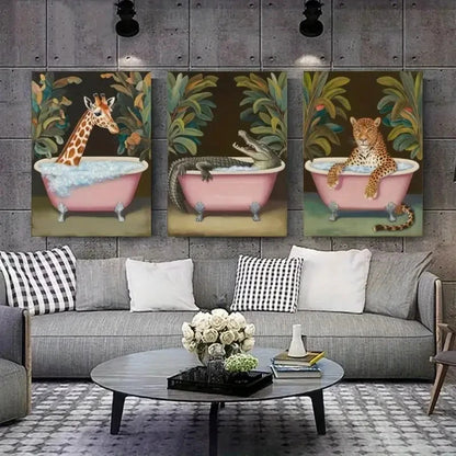 3pcs Pink Bathtubs , Tropical Leaves, Bubbles  Wall Art Set Canvas Framed 40x60cm - High Quality Print 100% Australian Made Wall Canvas Ready to Hang