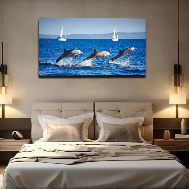 Jumping Dolphins Sailboats Wall Art Canvas Office Home Room Framed 120x60cm