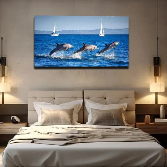 Jumping Dolphins Sailboats Wall Art Canvas Office Home Room Framed 120x60cm