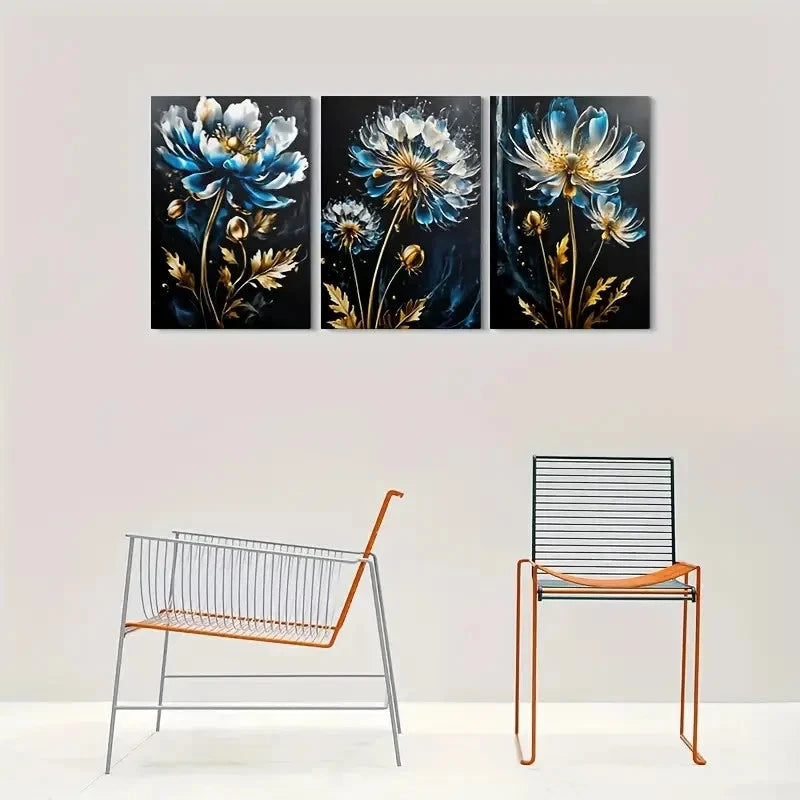 3pcs Blue and Golden Flowers Wall Art Set Canvas Framed 60x90cm - High Quality Print 100% Australian Made Wall Canvas Ready to Hang