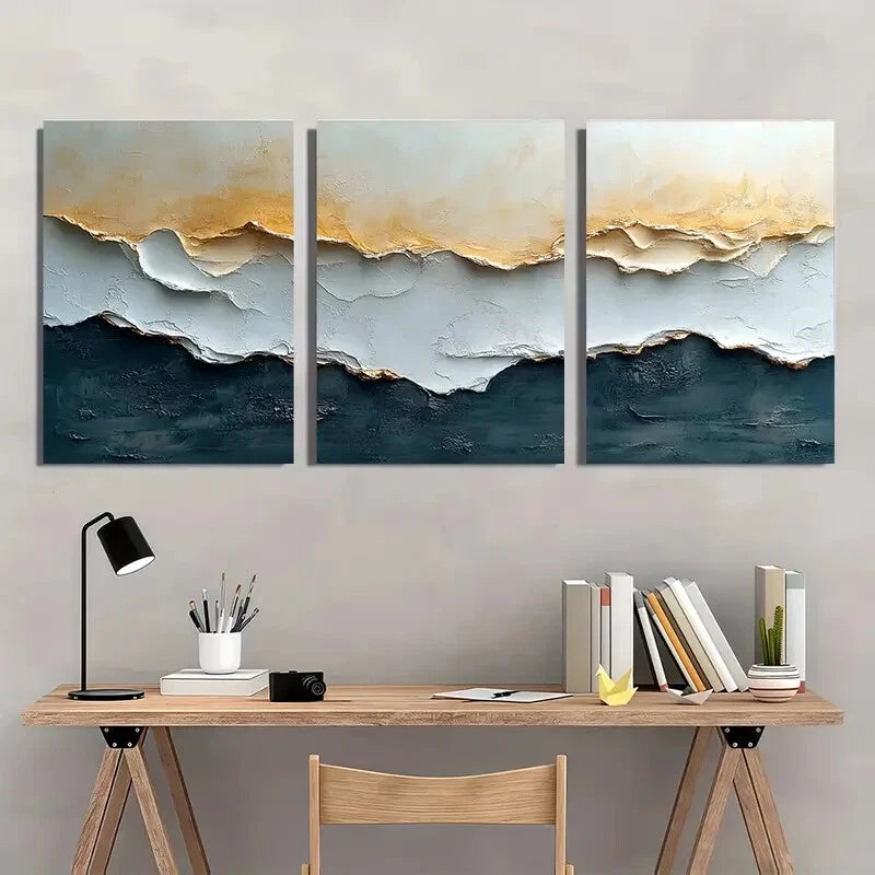3pcs Minimalist Abstract Beige & Cream Textured Metal Print Ready to Hang Art - Bella Home Decor
