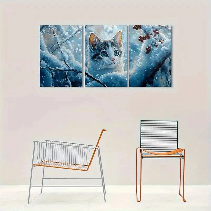 3pcs Adorable Kitten and Snowy Branches Metal Print Ready to Hang Art - Bella Home Decor