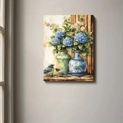 Beautiful Vintage Blue Hydrangeas In Vase Painting 60x90cm Metal Print Ready to Hang