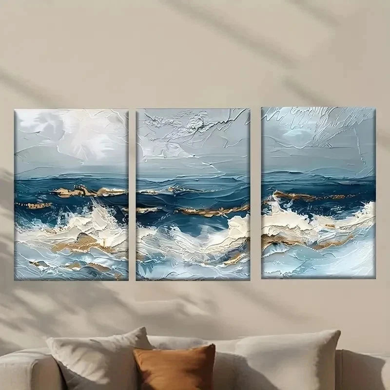 3pcs Abstract Ocean Waves in Blue and White Wall Art Set Canvas Framed 40x60cm - High Quality Print 100% Australian Made Wall Canvas Ready to Hang - Bella Home Decor