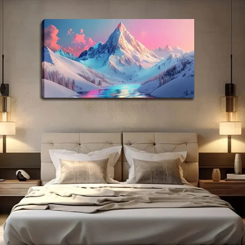 Snowy Mountain Landscape Blue Wall Art Canvas Office Home Room Framed 120x60cm - Bella Home Decor