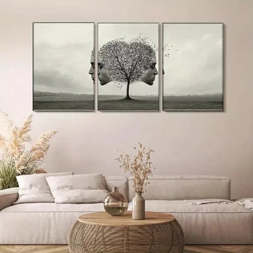 3pcs Black &White Fantasy Surreal Tree and Faces Wall Art Set Canvas Framed 60x90cm - High Quality Print 100% Australian Made Wall Canvas Ready to Hang