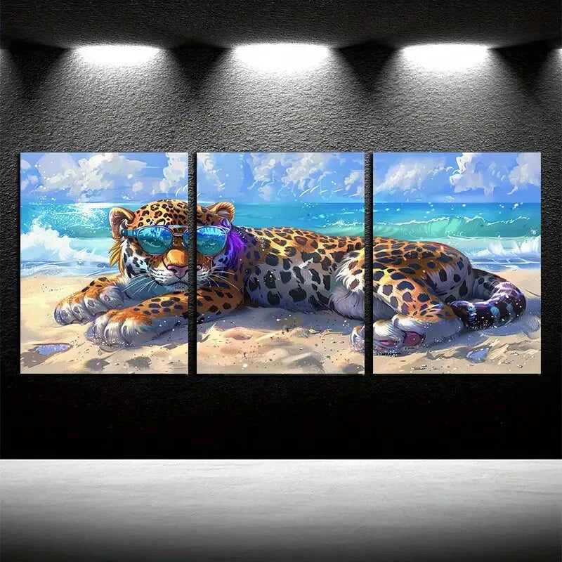 3pcs Cartoonish Leopard in Beach Scene Metal Print Ready to Hang Art - Bella Home Decor