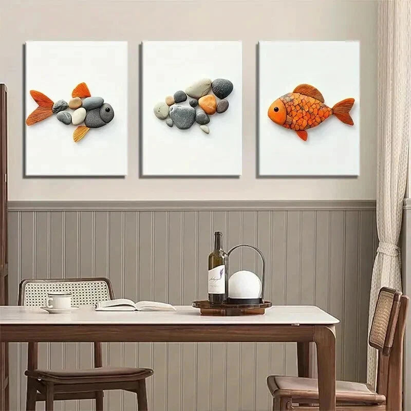 3pcs Pebble Art Fish Unique Stone Perfect Wall Art Set Canvas Framed 50x70cm - High Quality Print 100% Australian Made Wall Canvas Ready to Hang - Bella Home Decor