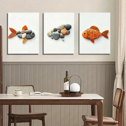 3pcs Pebble Art Fish Unique Stone Perfect Wall Art Set Canvas Framed 50x70cm - High Quality Print 100% Australian Made Wall Canvas Ready to Hang - Bella Home Decor