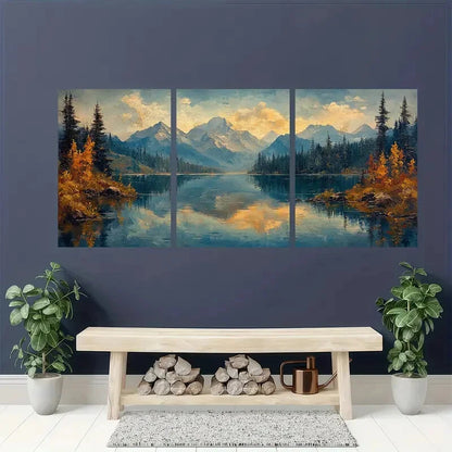 3pcs Rustic Lake Painting Mountain Landscape Metal Print Ready to Hang Art - Bella Home Decor