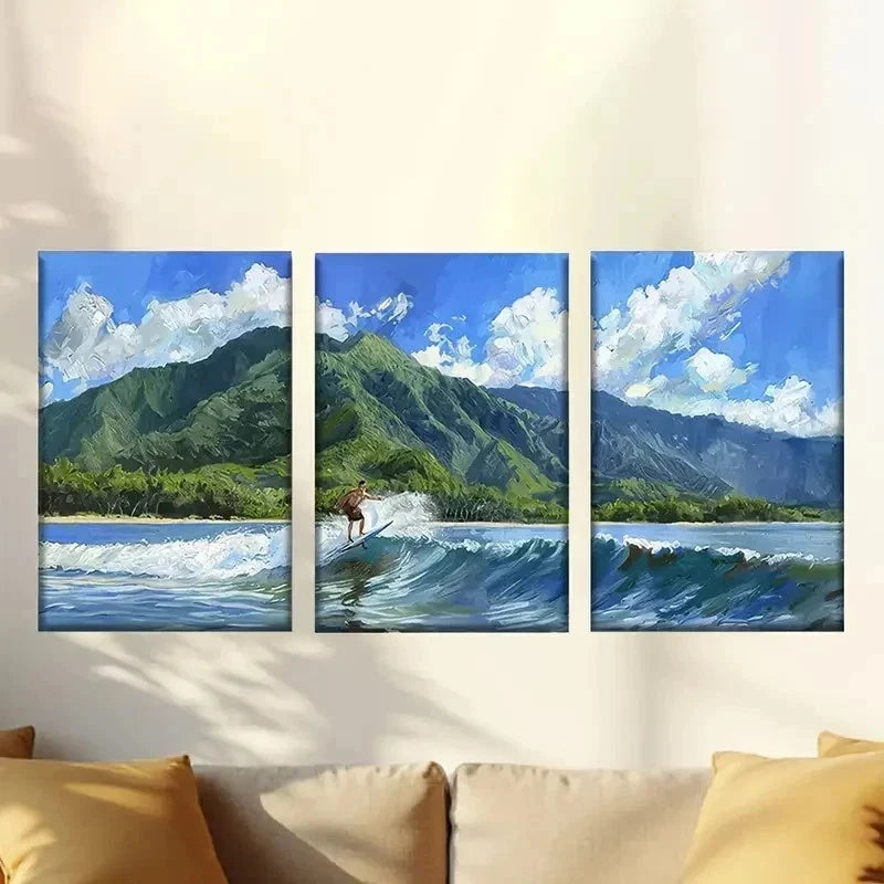 3pcs Vibrant Surfer Beach Scene, Rolling Waves  Wall Art Set Canvas Framed 60x90cm - High Quality Print 100% Australian Made Wall Canvas Ready to Hang