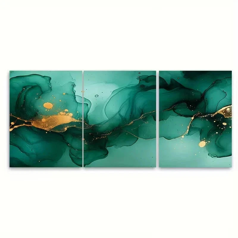 3pcs Shades Of Jade Green Free Flowing Alcohol Wall Art Set Canvas Framed 60x90cm - High Quality Print 100% Australian Made Wall Canvas Ready to Hang