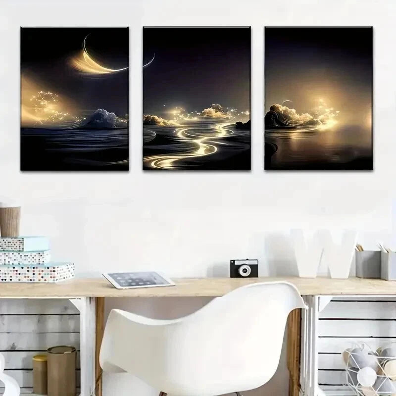 3pcs Featuring Golden Rivers And Starry Skies  Wall Art Set Canvas Framed 60x90cm - High Quality Print 100% Australian Made Wall Canvas Ready to Hang