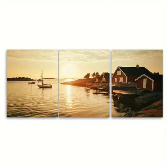 3pcs Sun Over The Archipelago Sea Wall Art Set Canvas Framed 60x90cm - High Quality Print 100% Australian Made Wall Canvas Ready to Hang