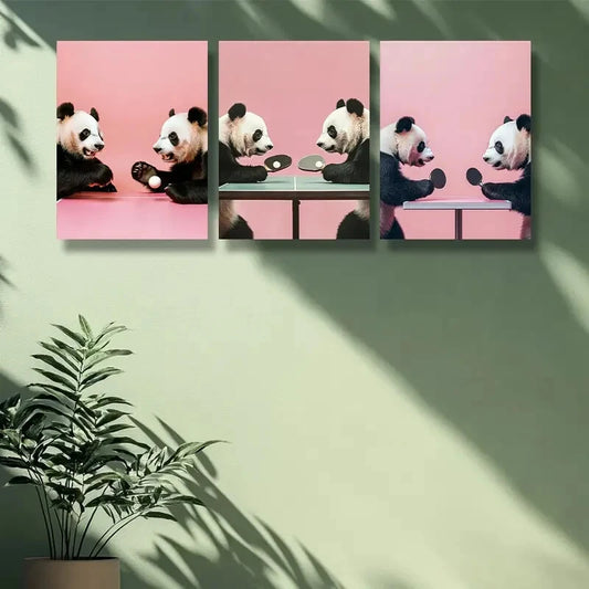 3pcs Table tennis panda Art Painting Metal Print Ready to Hang Art