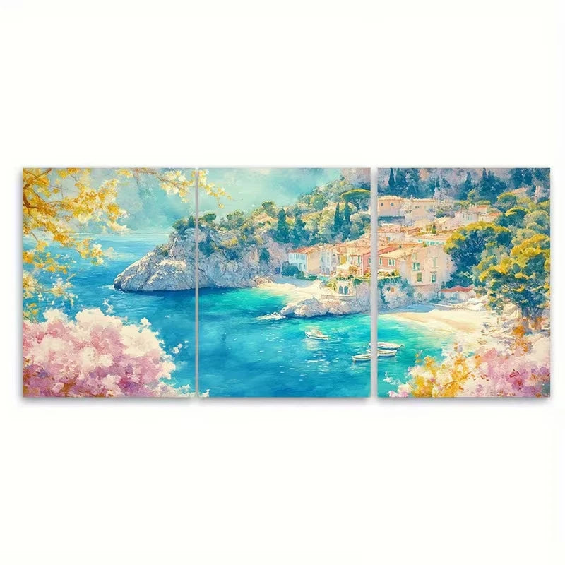 3pcs coastal villages in pastel pinks Metal Print Ready to Hang Art