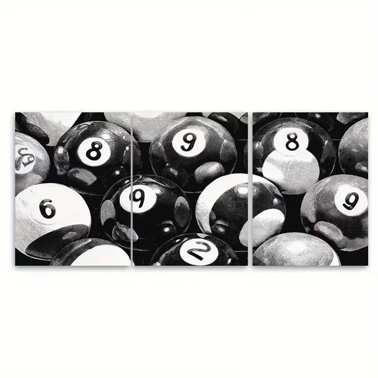 3pcs Billiard Ball Retro Black Eight Ball Metal Print Ready to Hang Art
