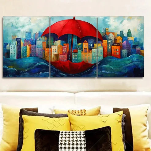 3pcs City view under a red umbrella Wall Art Set Canvas Unframed - High Quality Print 100% Australian Made Wall Canvas - Bella Home Decor