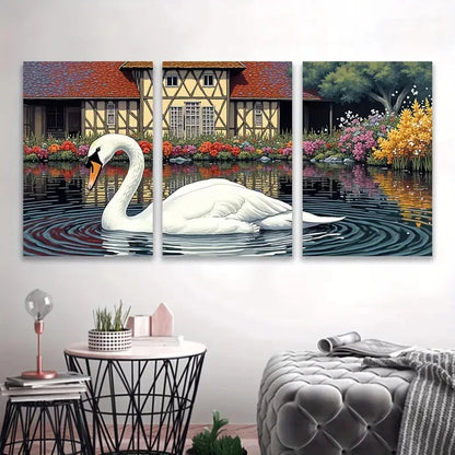 3pcs White Swan & Floral Cottage Scene Wall Art Set Canvas Framed 50x70cm - High Quality Print 100% Australian Made Wall Canvas Ready to Hang