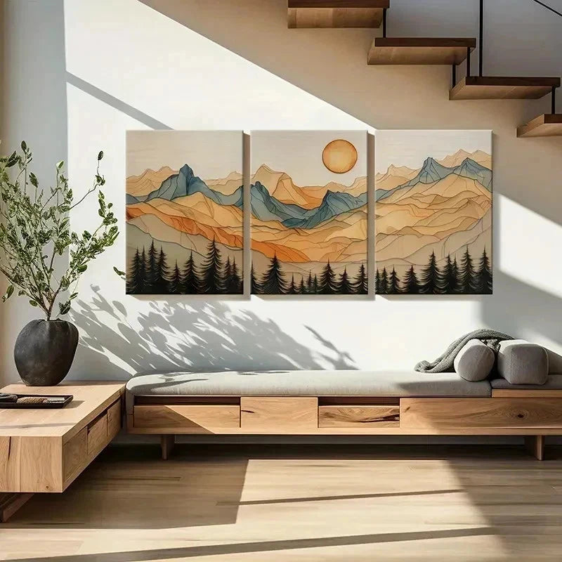 3pcs Mountain Landscape Sunset Glow Forest Wall Art Set Canvas Framed 50x70cm - High Quality Print 100% Australian Made Wall Canvas Ready to Hang