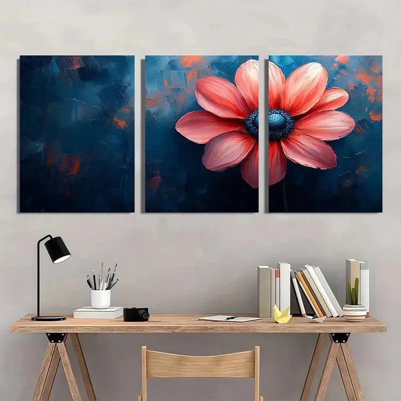 3pcs Vibrant Blue & Pink Floral Design Metal Print Ready to Hang Art - Bella Home Decor