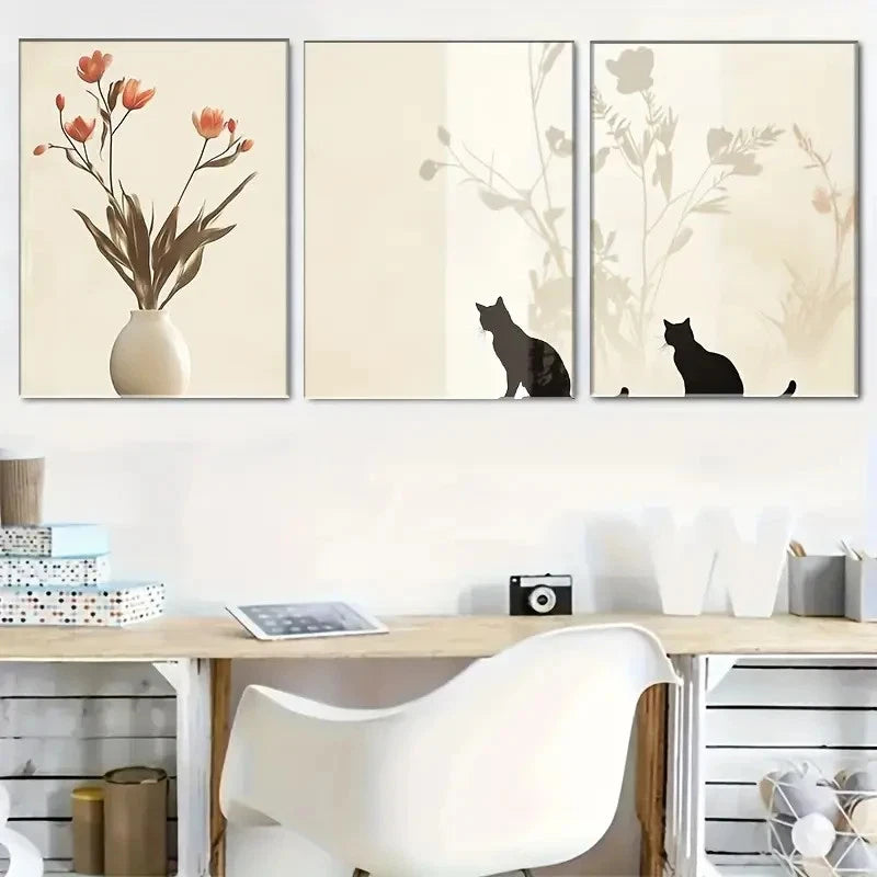 3pcs Charming Cat and Floral Wall Decor Metal Print Ready to Hang Art - Bella Home Decor