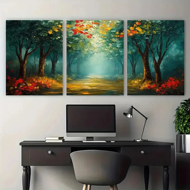 3pcs Abstract Green Tree Forest Design Metal Print Ready to Hang Art - Bella Home Decor
