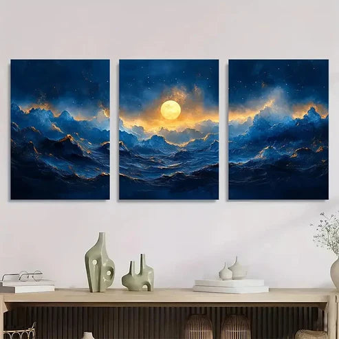 3pcs Blue & Golden Abstract Moon Wall Art Canvas Unframed - High Quality Print 100% Australian Made Wall Canvas - Bella Home Decor