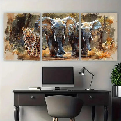 3pcs Elephants and Leopard Exotic Tropical Wall Art Canvas Unframed – High Quality Print 100% Australian Made Wall Canvas
