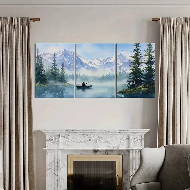 3pcs Alpine Lake Fishing Scene Tranquil Nature Metal Print Ready to Hang Art - Bella Home Decor