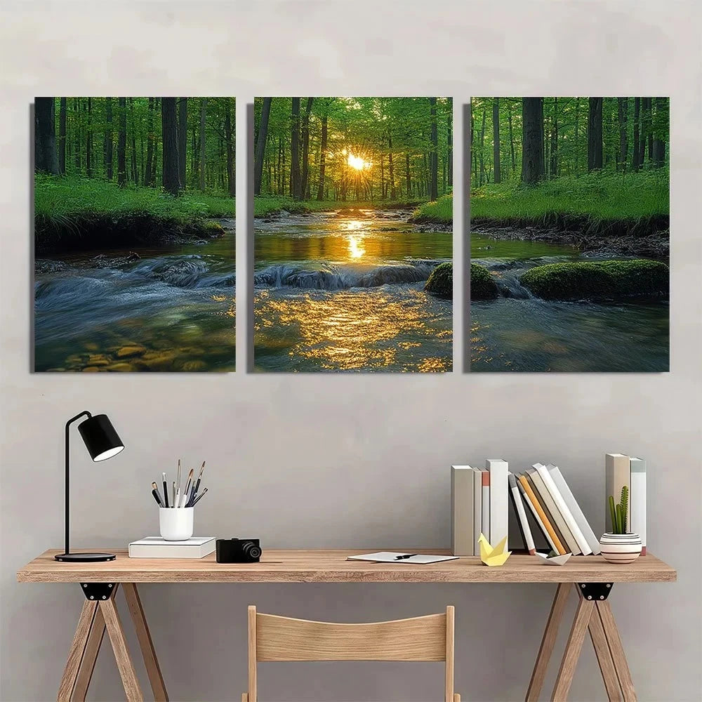 3pcs Serene Forest Sunlit Green Trees River Wall Art Set Canvas Framed 50x70cm - High Quality Print 100% Australian Made Wall Canvas Ready to Hang