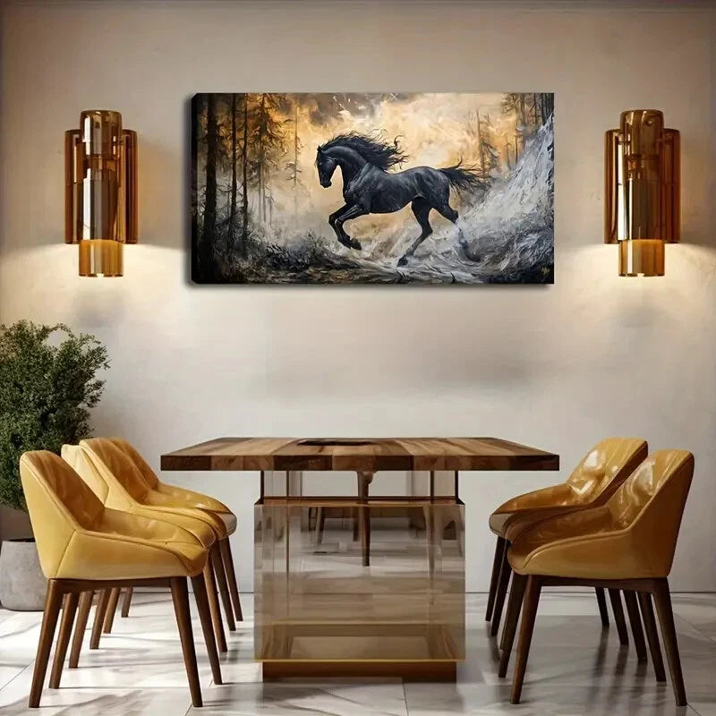 Realistic Black Horse in Forest Wall Art Canvas Office Home Room Framed 120x60cm - Bella Home Decor