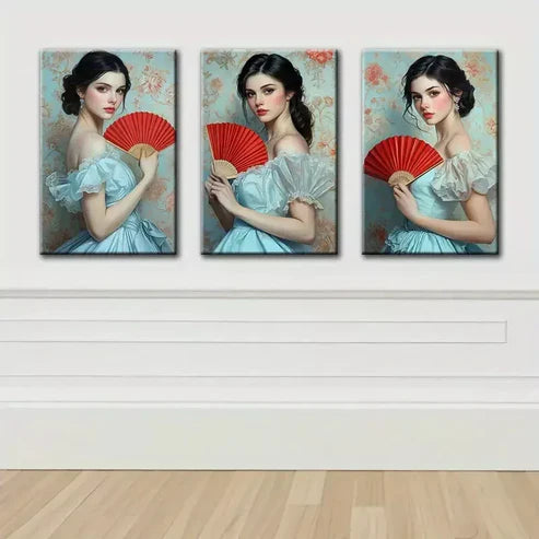 3pcs Elegant Girl with Red Fan  Art Canvas Unframed - High Quality Print 100% Australian Made Wall Canvas