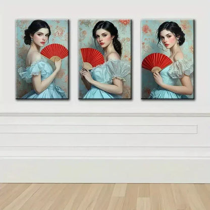 3pcs Elegant Girl with Red Fan  Art Canvas Unframed - High Quality Print 100% Australian Made Wall Canvas