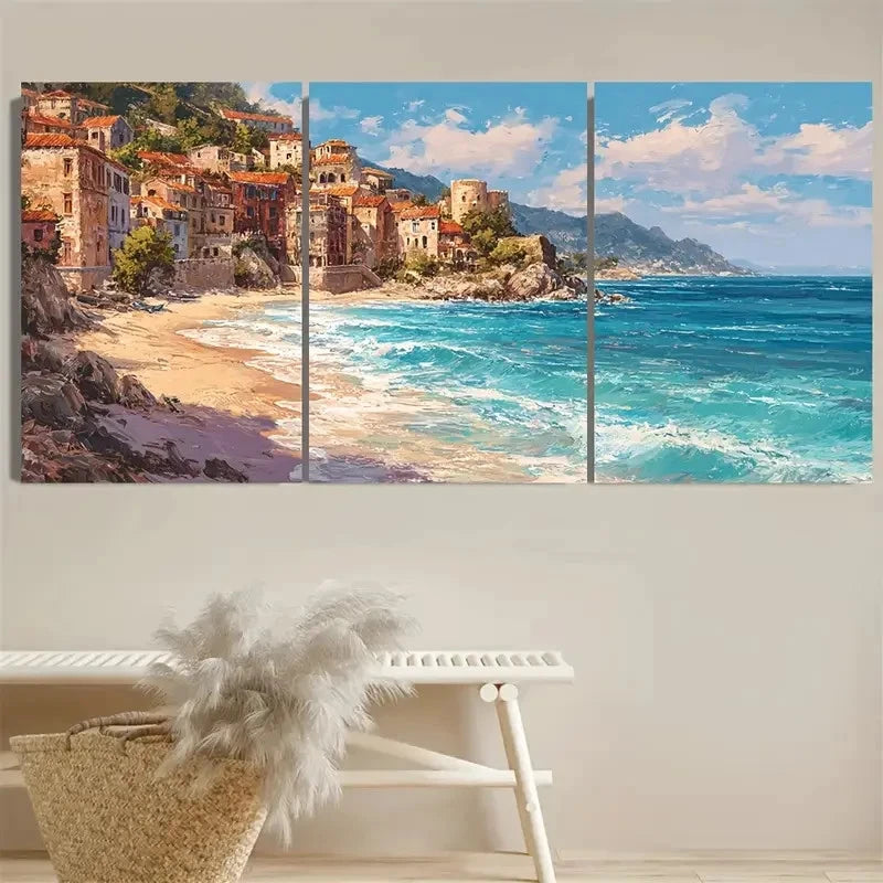 3pcs Mediterranean Horizontal, Seaside Wall Art Set Canvas Framed 40x60cm - High Quality Print 100% Australian Made Wall Canvas Ready to Hang