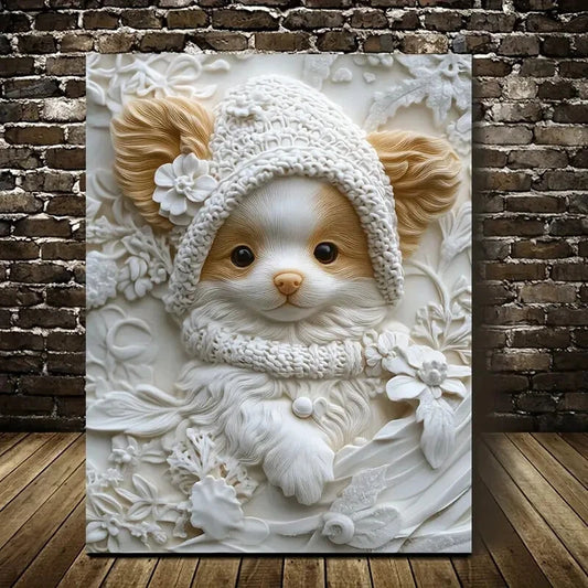Featuring a Papillon Puppy Wearing a Winter Hat 40x60cm Metal Print Ready to Hang - Bella Home Decor