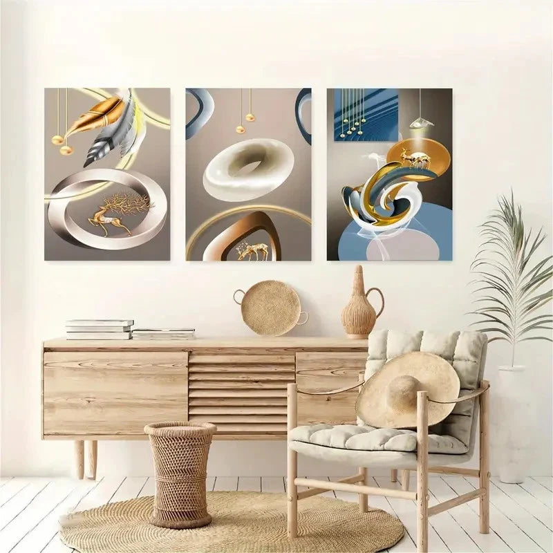 3pcs Abstract Golden Leaves Flowers and Deer Metal Print Ready to Hang Art - Bella Home Decor