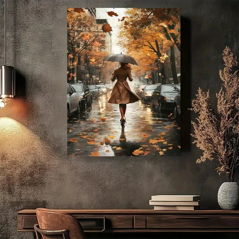 Beautiful Autumn Rain Walkers Umbrella Painting 40x60cm Metal Print Ready to Hang - Bella Home Decor