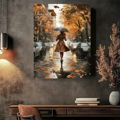 Beautiful Autumn Rain Walkers Umbrella Painting 40x60cm Metal Print Ready to Hang - Bella Home Decor
