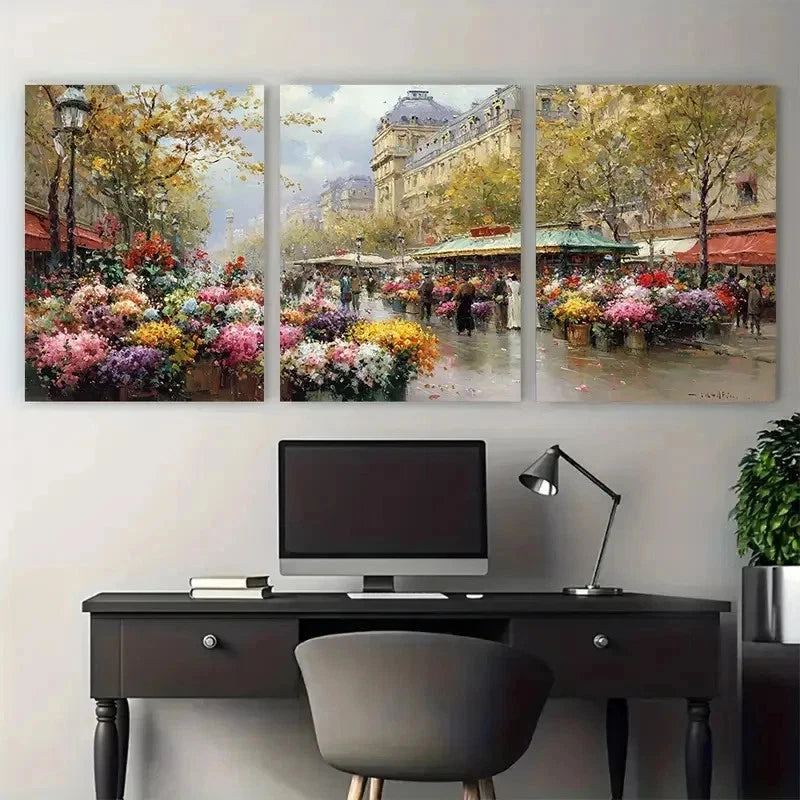 3pcs Flower Market Impressionist Paint Perfect Wall Art Set Canvas Framed 50x70cm - High Quality Print 100% Australian Made Wall Canvas Ready to Hang - Bella Home Decor